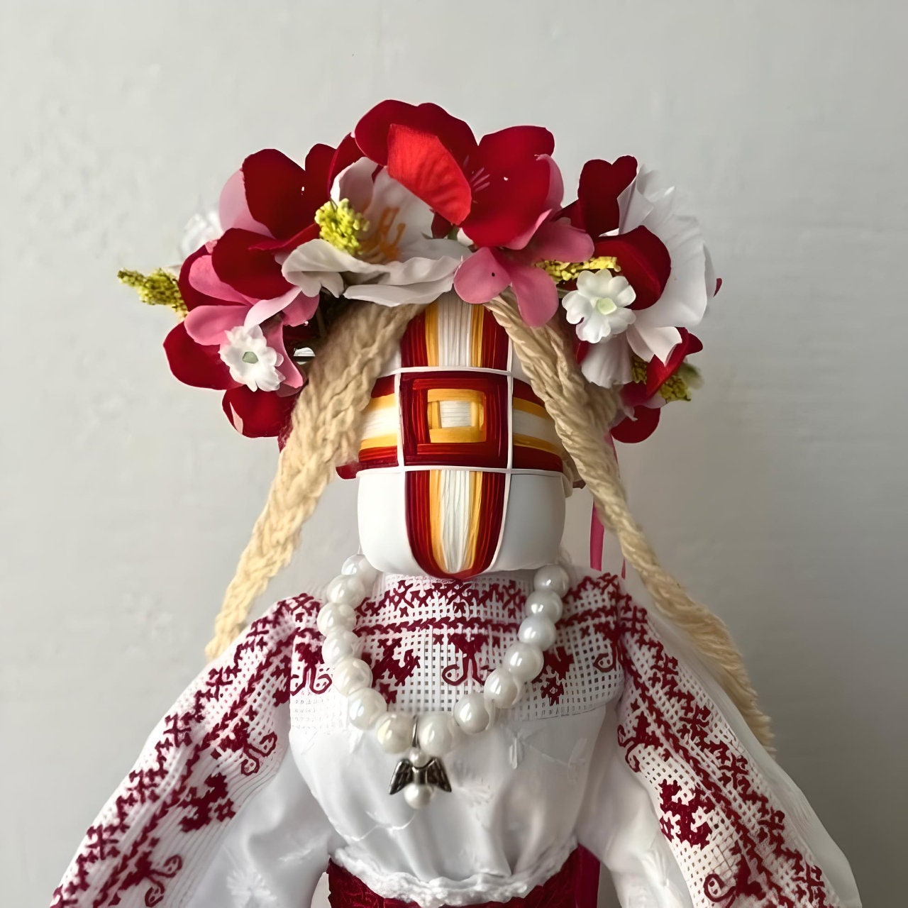 Ukrainian Motanka doll with intricate red cross-stitch embroidery | Gift-Emporium