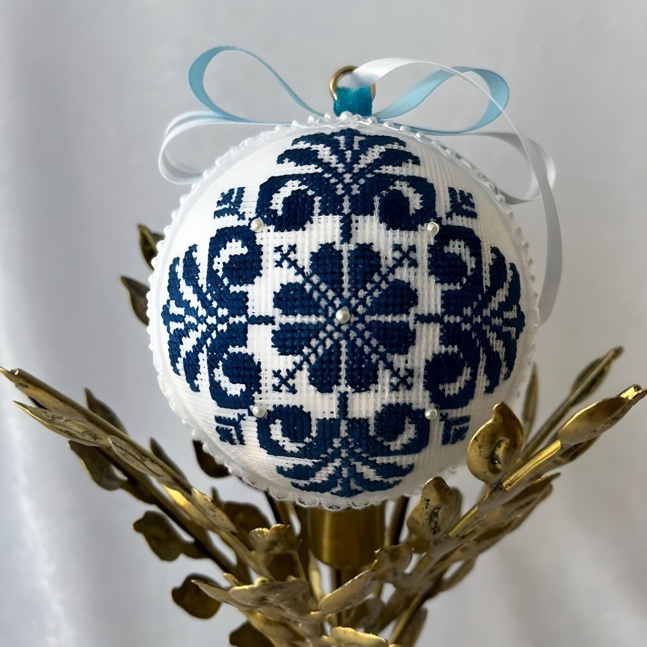 Handcrafted Cross Stitch Christmas Ball Ornament with Festive Design | Gift-Emporium