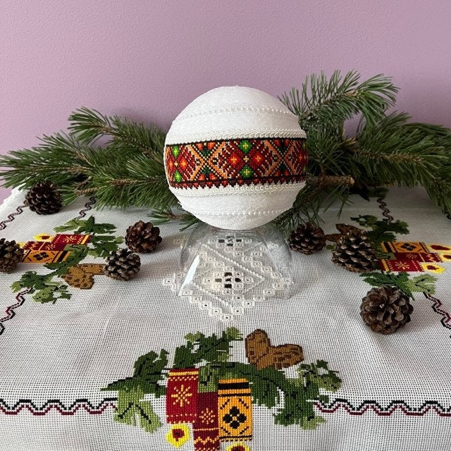 Unique handmade Christmas ornament with Ukrainian embroidery | Gift-Emporium