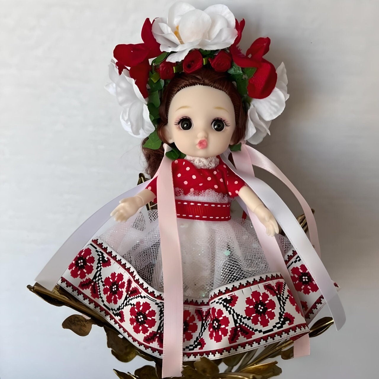 Red & White Mini Ukrainian Doll with Wreath | Gift-Emporium