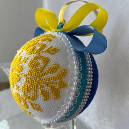 9cm Christmas ornament, cross-stitched with intricate design in yellow and blue, holiday gift| Gift-Emporium