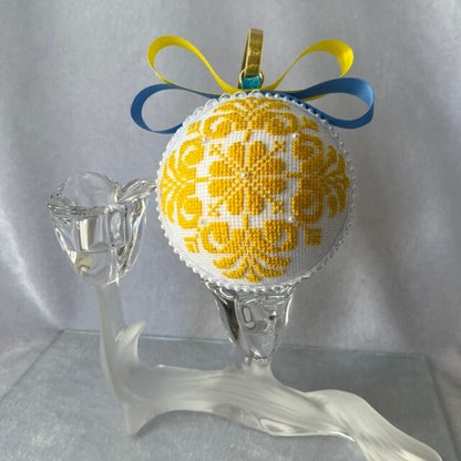 9cm Yellow Blue Velvet Christmas Ornament with Cross Stitch design | Gift-Emporium