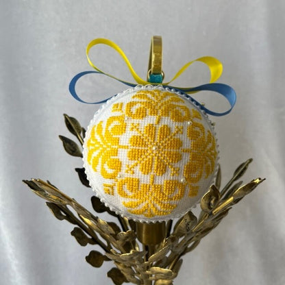 Unique 9cm Christmas ornament with cross-stitched design, bright yellow and blue holiday decoration | Gift-Emporium