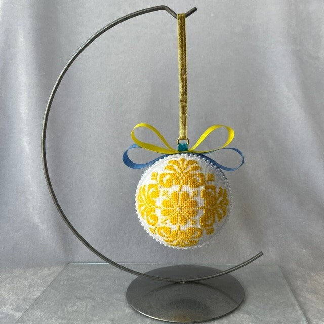 Handmade cross-stitch Christmas tree ball with yellow and blue velvet, ideal unique gift | Gift-Emporium