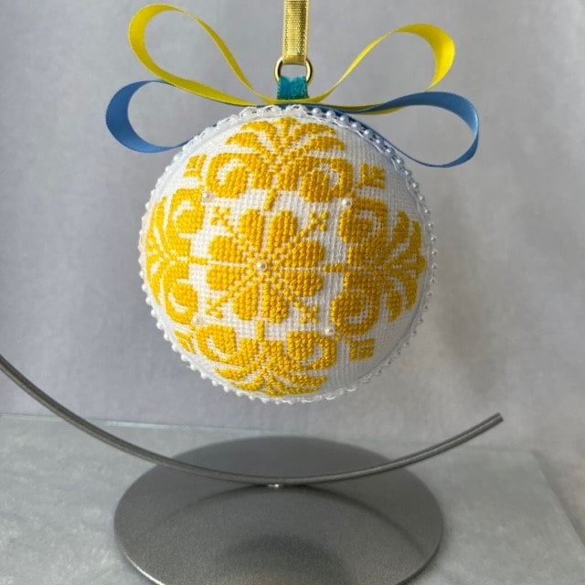 Unique handmade Christmas ornament, 9cm cross-stitch design in bright yellow and blue velvet | Gift-Emporium