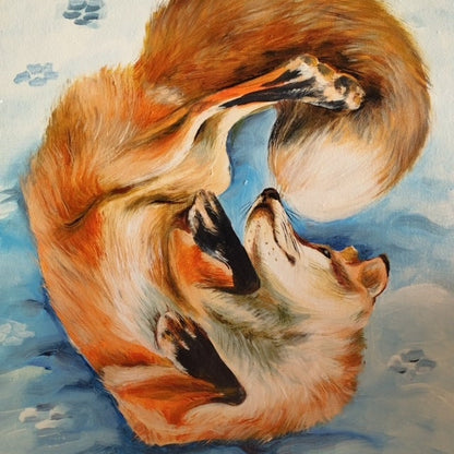 Close-up of red fox in winter, original oil painting on canvas, whimsical art décor | Gift-Emporium