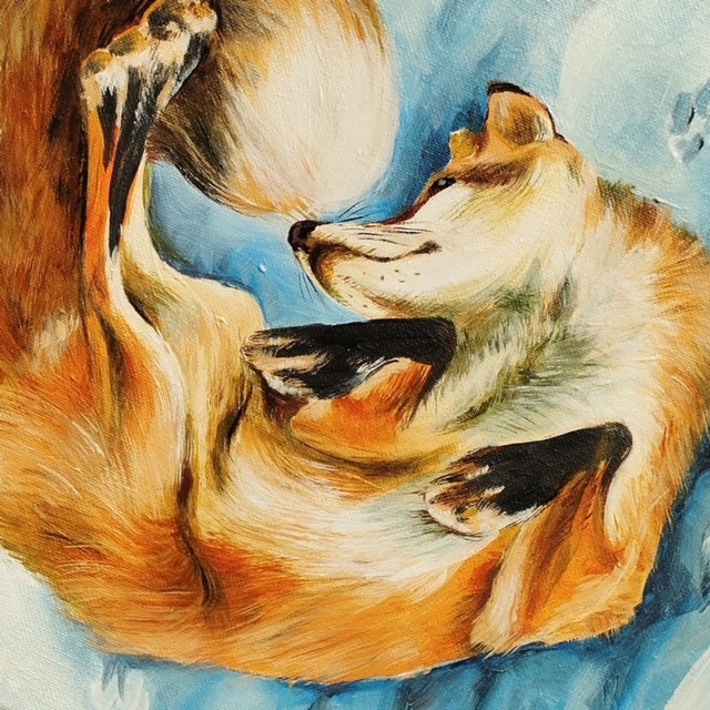 Nature-inspired fine art of a red fox on snow, original oil painting on canvas | Gift-Emporium