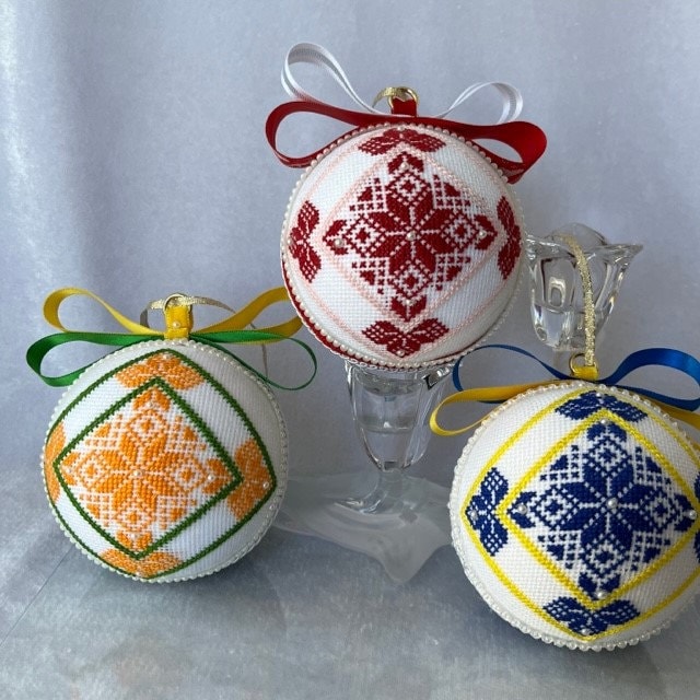 Cross-stitched Christmas ball ornament with festive design details | Gift-Emporium