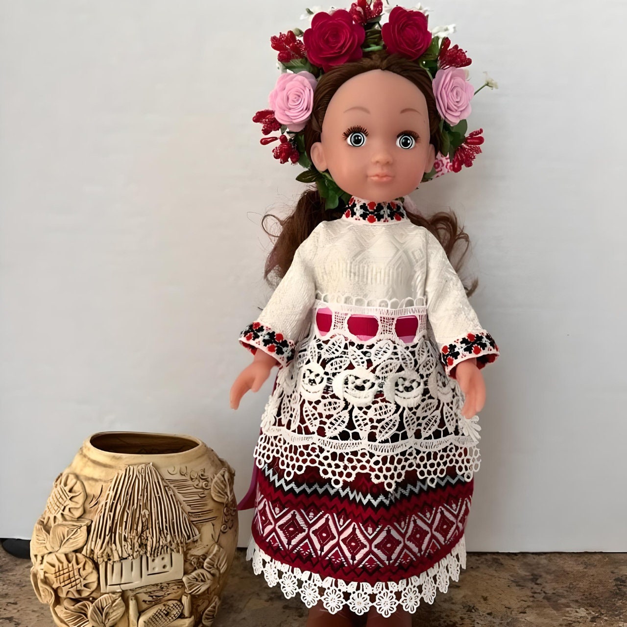 Traditional Ukrainian Doll "Ana" in Dark Red Dress with Floral Embroidery | Gift-Emporium
