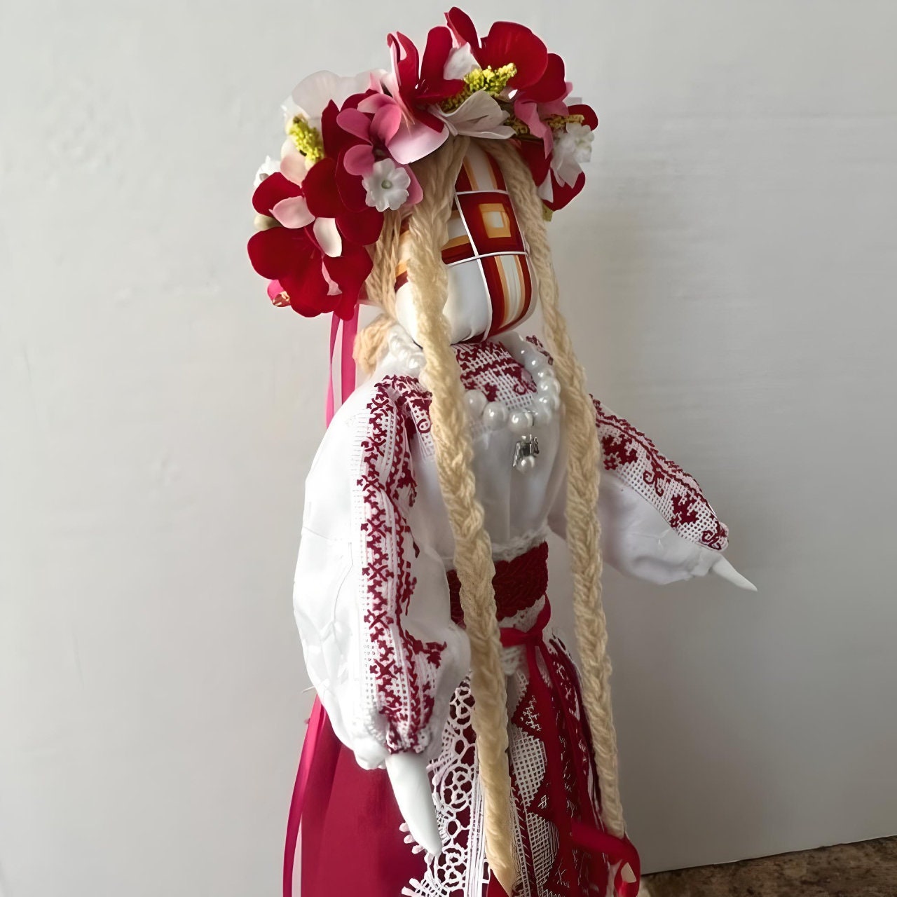 Ukrainian Motanka doll in white and red, cross-stitch detail | Gift-Emporium
