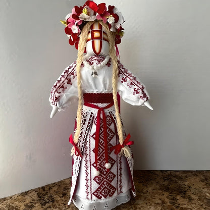 Traditional Ukrainian Motanka doll with red stitching on white | Gift-Emporium