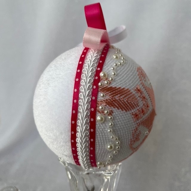 Elegant Pink Christmas Ornament with Hand-Made Silk Embroidery – Unique Present for Her | Gift-Emporium