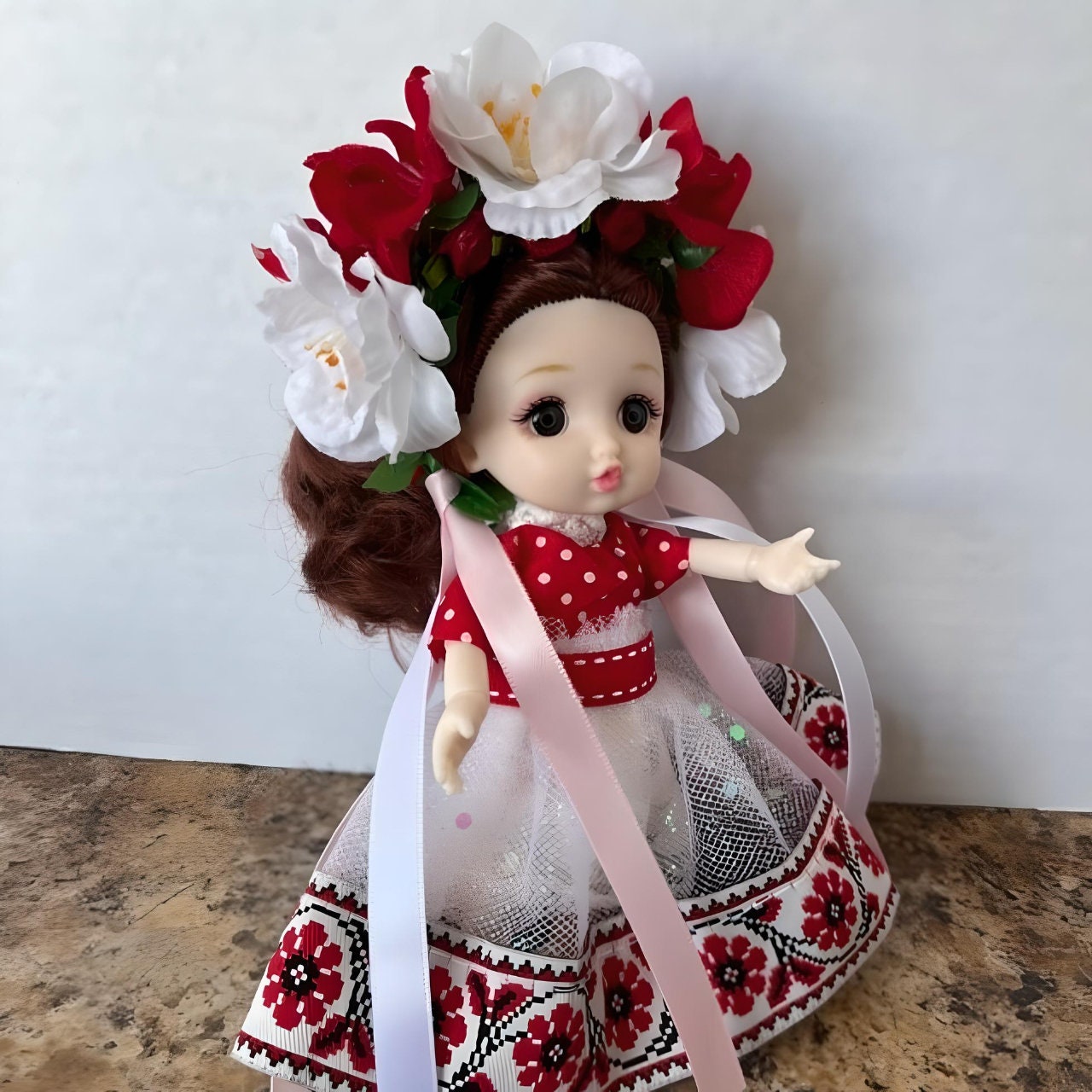 Red and white Ukrainian doll with handmade wreath, ideal Easter gift for kids | Gift-Emporium