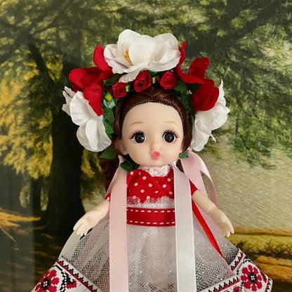 Miniature doll in Ukrainian folk dress, with red and white floral wreath | Gift-Emporium