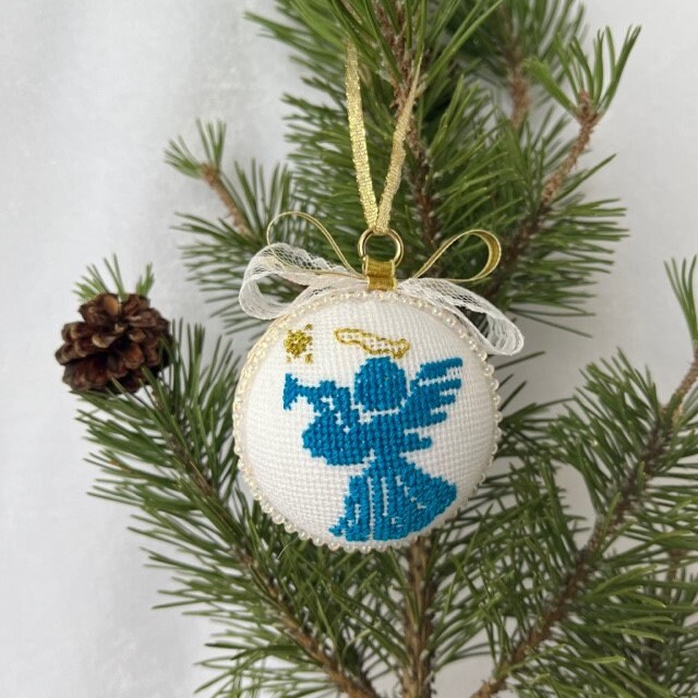 Handmade cross-stitch Christmas angel ornament in blue and pink hues | Gift-Emporium