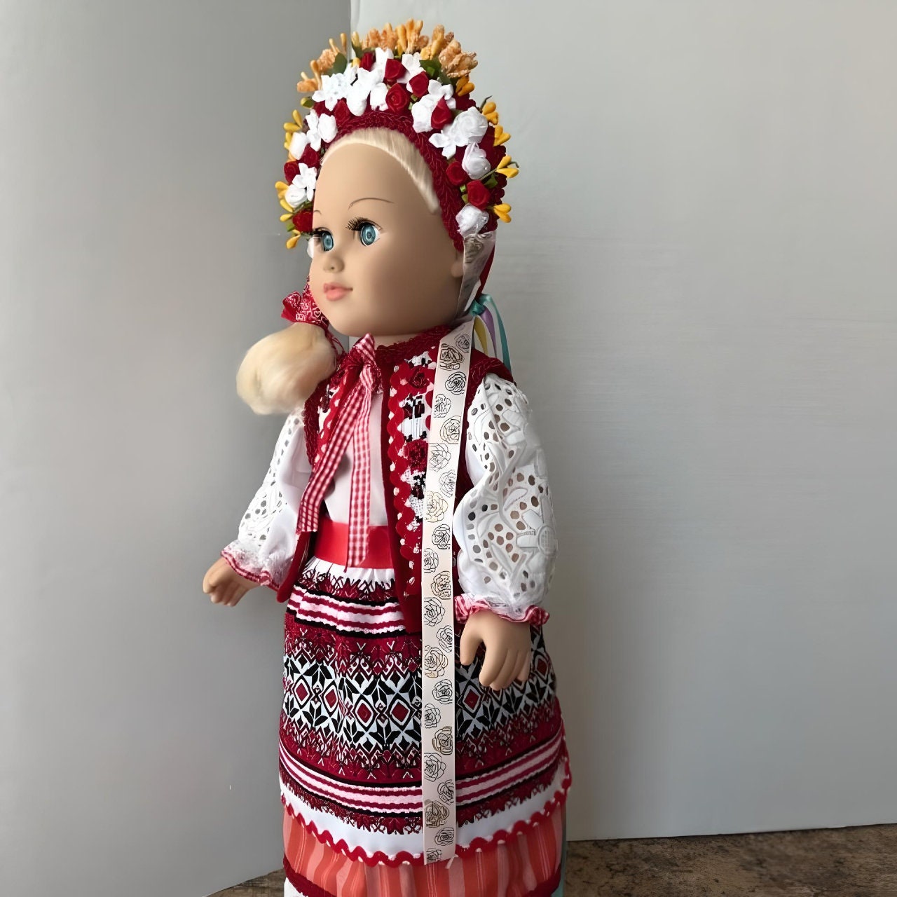 Natalka doll with handmade red and white embroidered design | Gift-Emporium