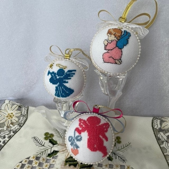 Handcrafted Christmas angel ornament in blue with cross-stitch embroidery | Gift-Emporium