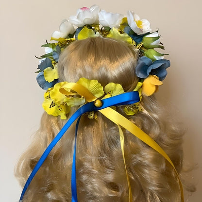 Ukrainian doll with blue and yellow apron, pearl necklace, and wreath | Gift-Emporium