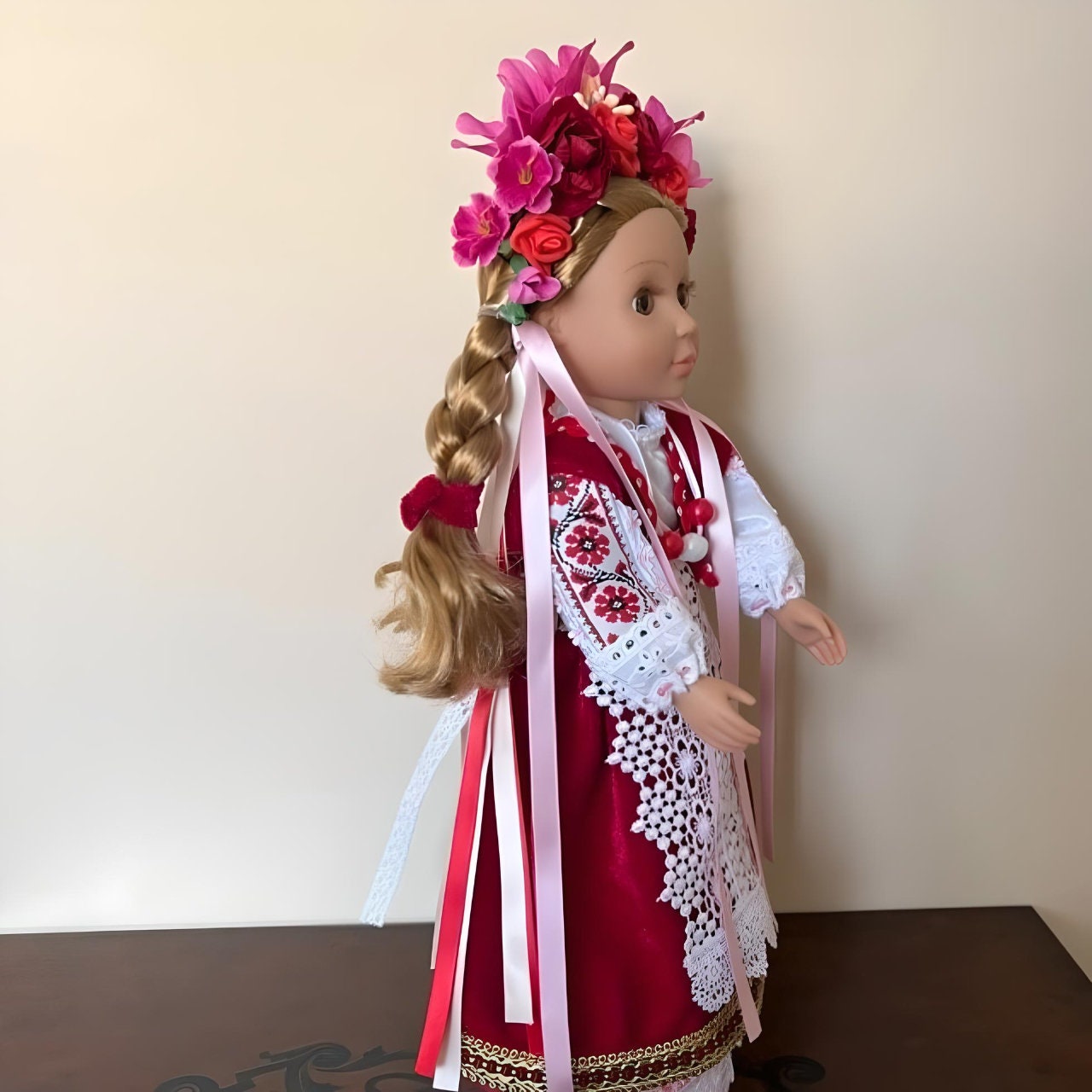 Front view of Lyubov, the red and white embroidered Ukrainian doll | Gift-Emporium
