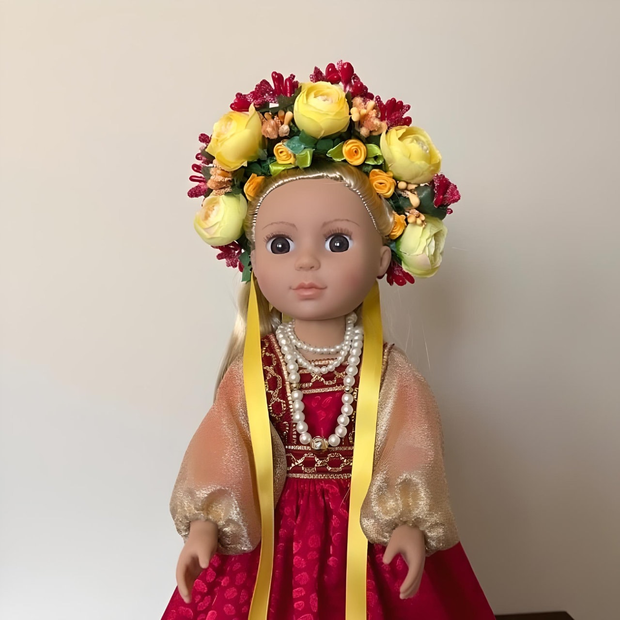 Red & Gold Ukrainian Doll with Handmade Wreath | Gift-Emporium