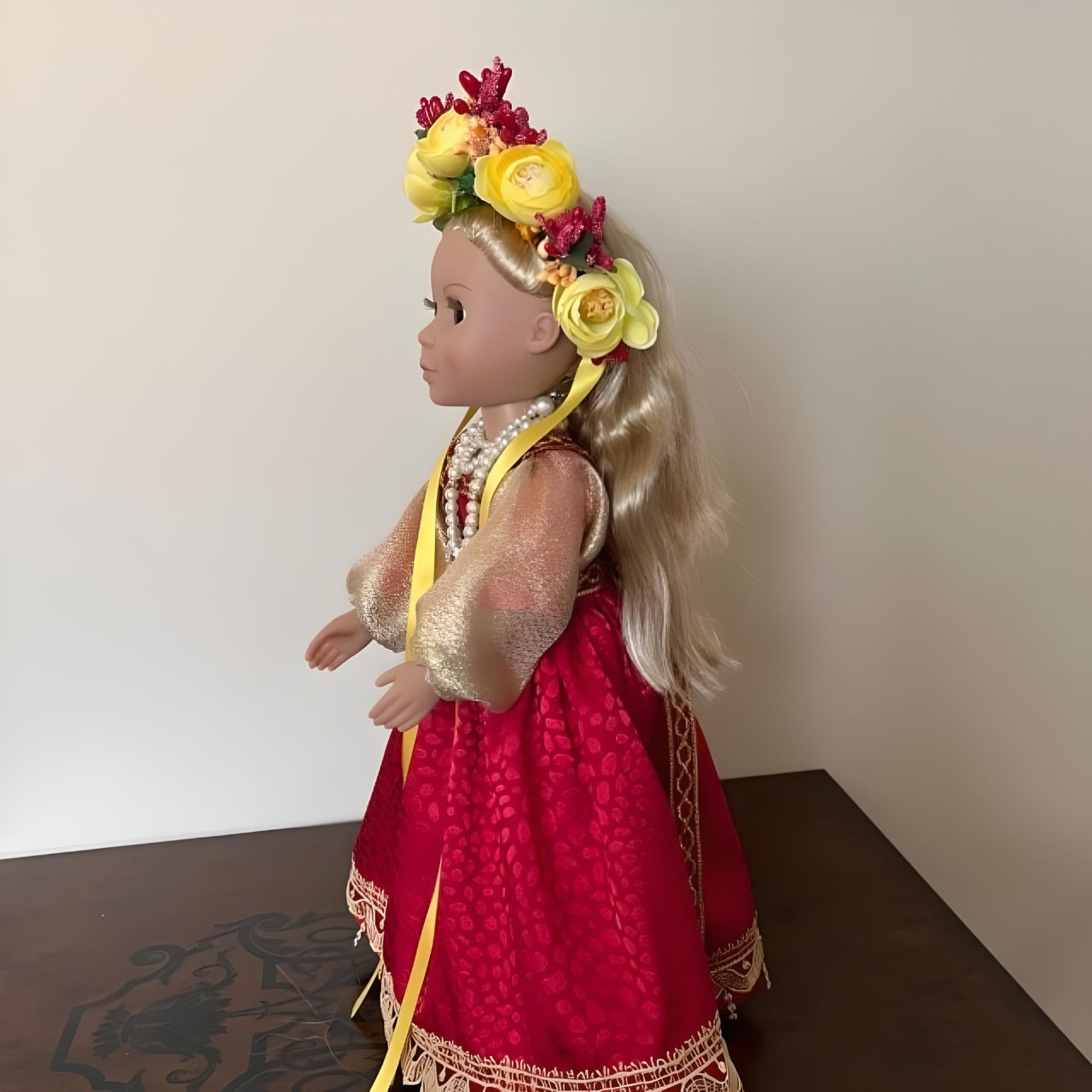 Handcrafted Red and Gold Ukrainian Doll with Wreath Headpiece | Gift-Emporium