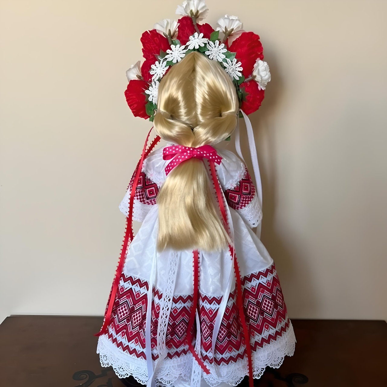 Handmade Ukrainian doll in red & white outfit with poppy wreath | Gift-Emporium
