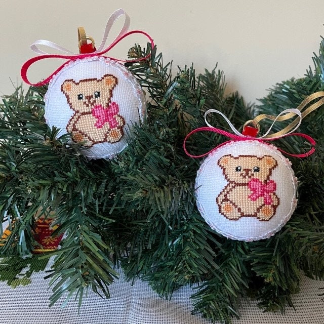 Handmade Teddy Bear Christmas Ornament with Cross Stitched Embroidery in Beige and Pink | Gift-Emporium