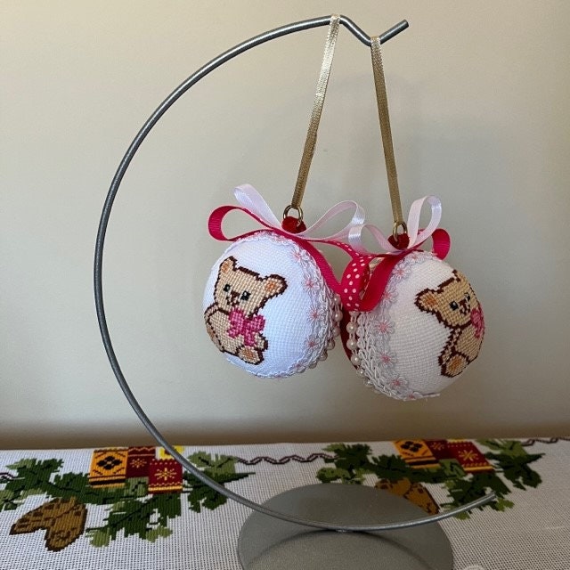 Handmade Christmas Teddy Bear Ornament with Embroidery Details in Beige and Pink | Gift-Emporium
