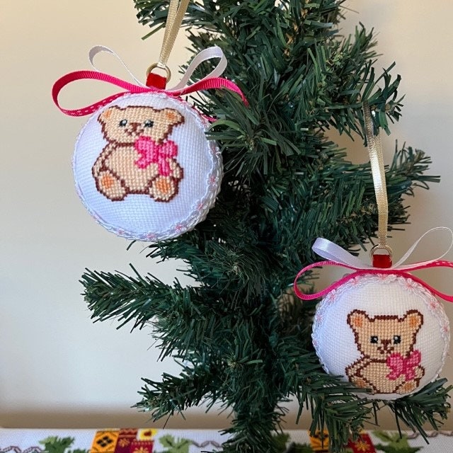 Cute Teddy Bear Cross Stitched Ornament for Girls' Christmas Tree | Gift-Emporium