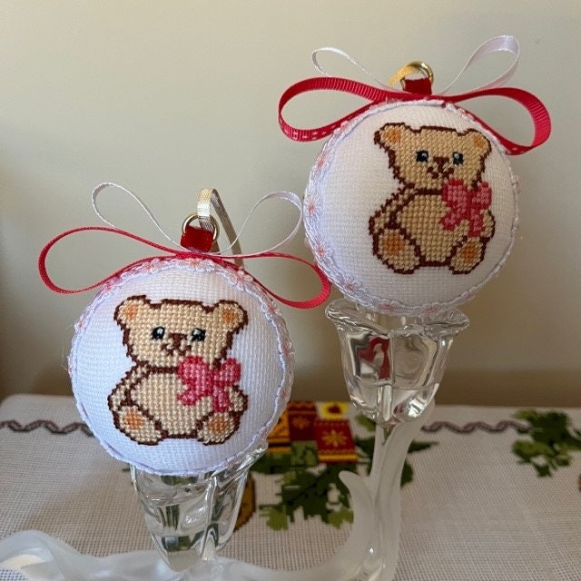 Cross Stitch Teddy Bear Ornament for Christmas - Customizable in Blue for Boys | Gift-Emporium
