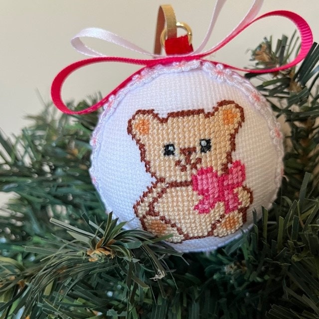 Cozy Beige Teddy Bear Christmas Ornament with Pink Embroidery | Gift-Emporium
