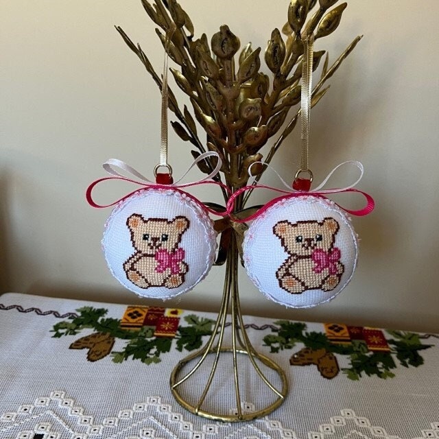 Pink Teddy Bear Christmas Ornament with Cross-Stitched | Gift-Emporium