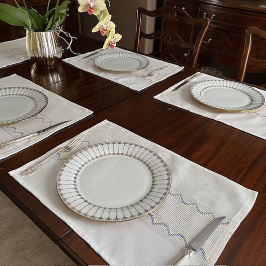 6 Set,Country-Style Linen Placemats,Blue/Yellow, Table Decor | Gift-Emporium