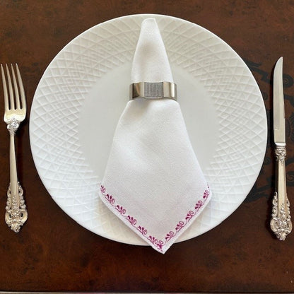 White Linen Napkin Set with Magenta Embroidery-6 Pieces | Gift-Emporium 