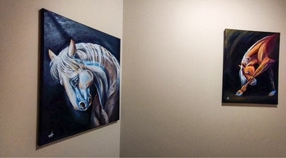 "Reserved Grace" oil painting wall art, white and blue horse, 16x20, perfect for elegant decor | Gift-Emporium
 