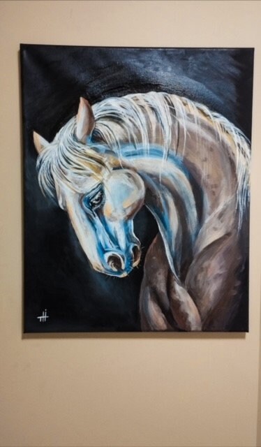 Elegant oil painting of a white and blue hobby horse, 16x20 inches, home or office decor | Gift-Emporium