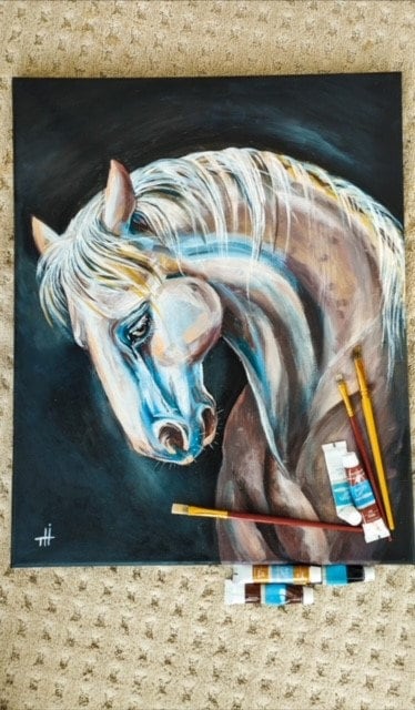 Reserved Grace Oil Painting, White & Blue Horse, 16x20 Wall Art | Gift-Emporium