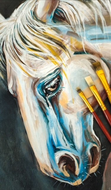 Close-up of "Reserved Grace" white and blue horse oil painting, 16x20 canvas art | Gift-Emporium