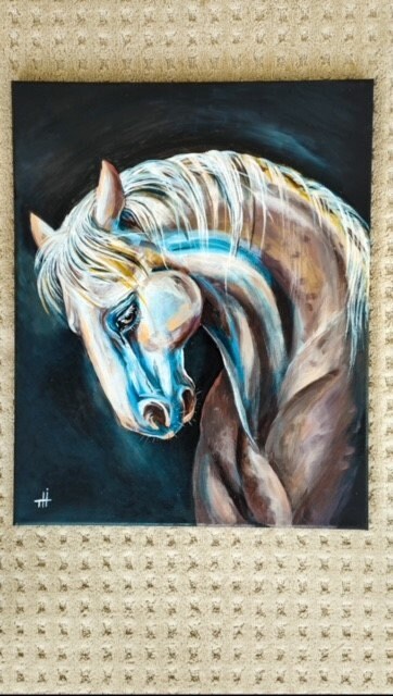 Reserved Grace, 16x20 inch oil painting of a blue and white horse, elegant wall decor | Gift-Emporium