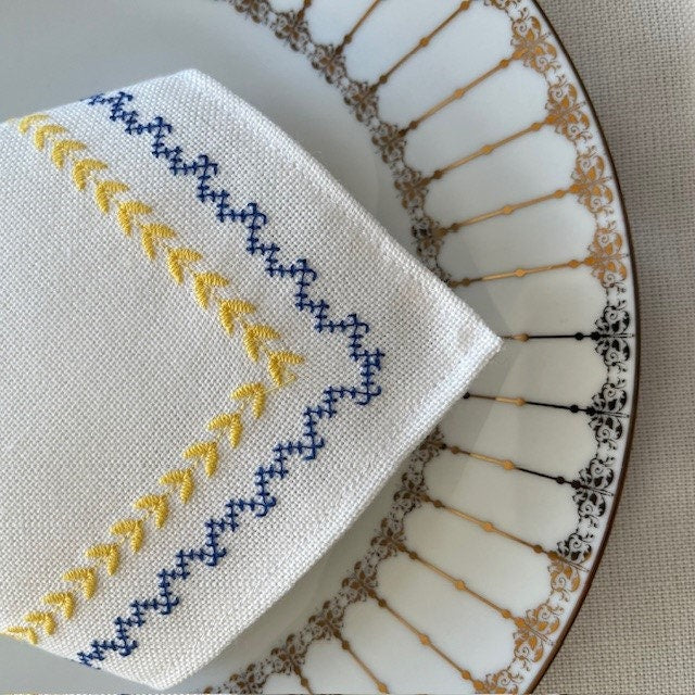 Blue & Yellow Embroidered Fabric Linen Napkins Set of 6 pieces | Gift-Emporium