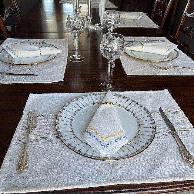 Handmade blue and yellow placemats and napkins set of 6 for luxury dining | Gift-Emporium