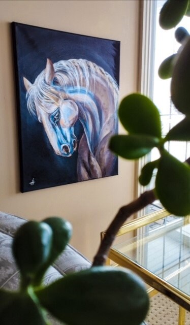 Artistic white and blue horse painting on canvas, "Reserved Grace" 16x20 inch wall art | Gift-Emporium