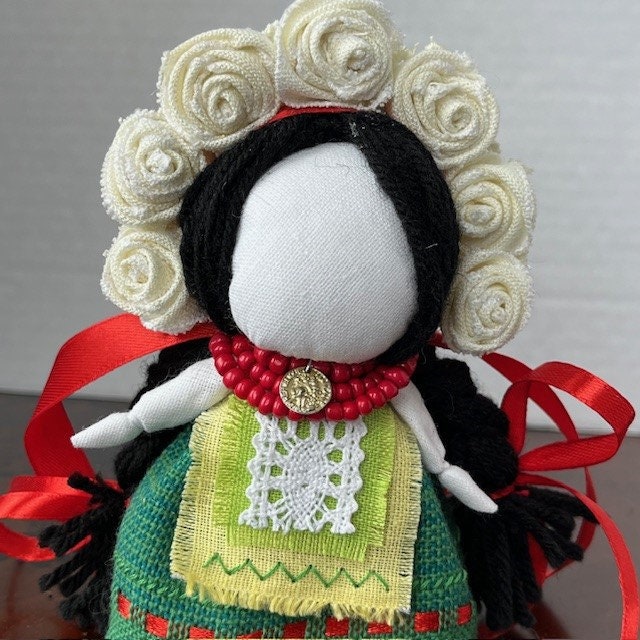 Handmade Ukrainian Motanka Doll in Green Outfit and Beads | Gift-Emporium