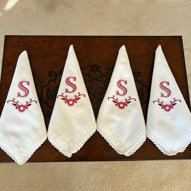 Custom Embroidered White Cotton Napkins with Initial | Gift-Emporium