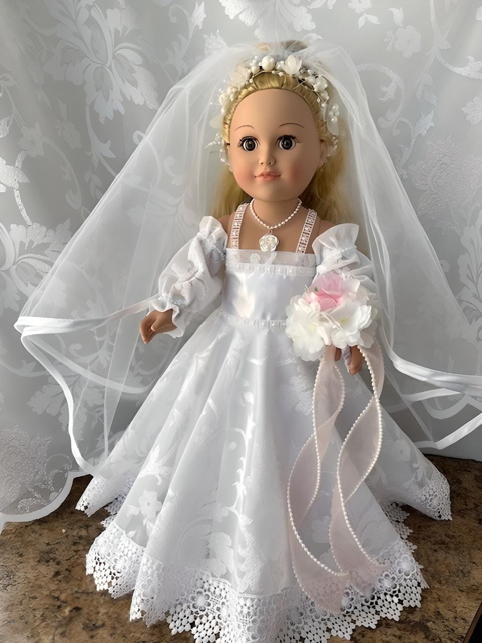 Custom bridal party gift featuring a doll in a white gown with pink flowers | Gift-Emporium