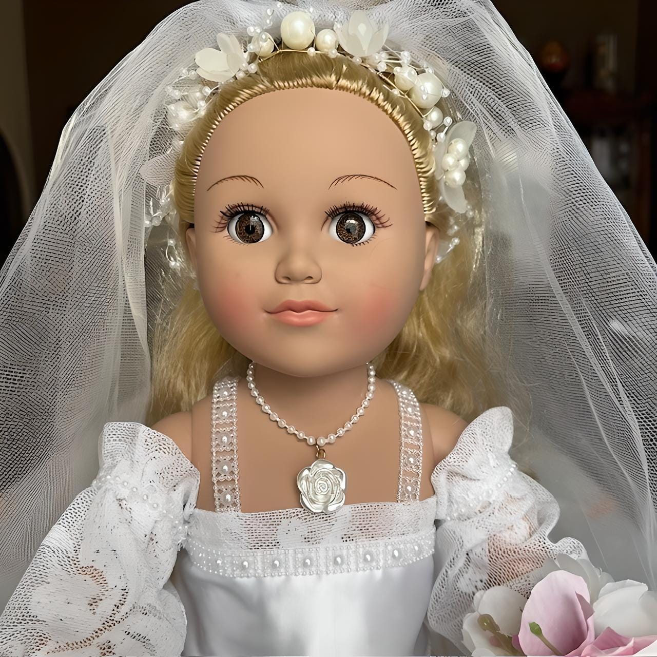 Delicate handmade bride doll with floral pink accents and white veil | Gift-Emporium