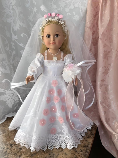 Handmade bride doll in wedding dress with white veil and pink flowers | Gift-Emporium