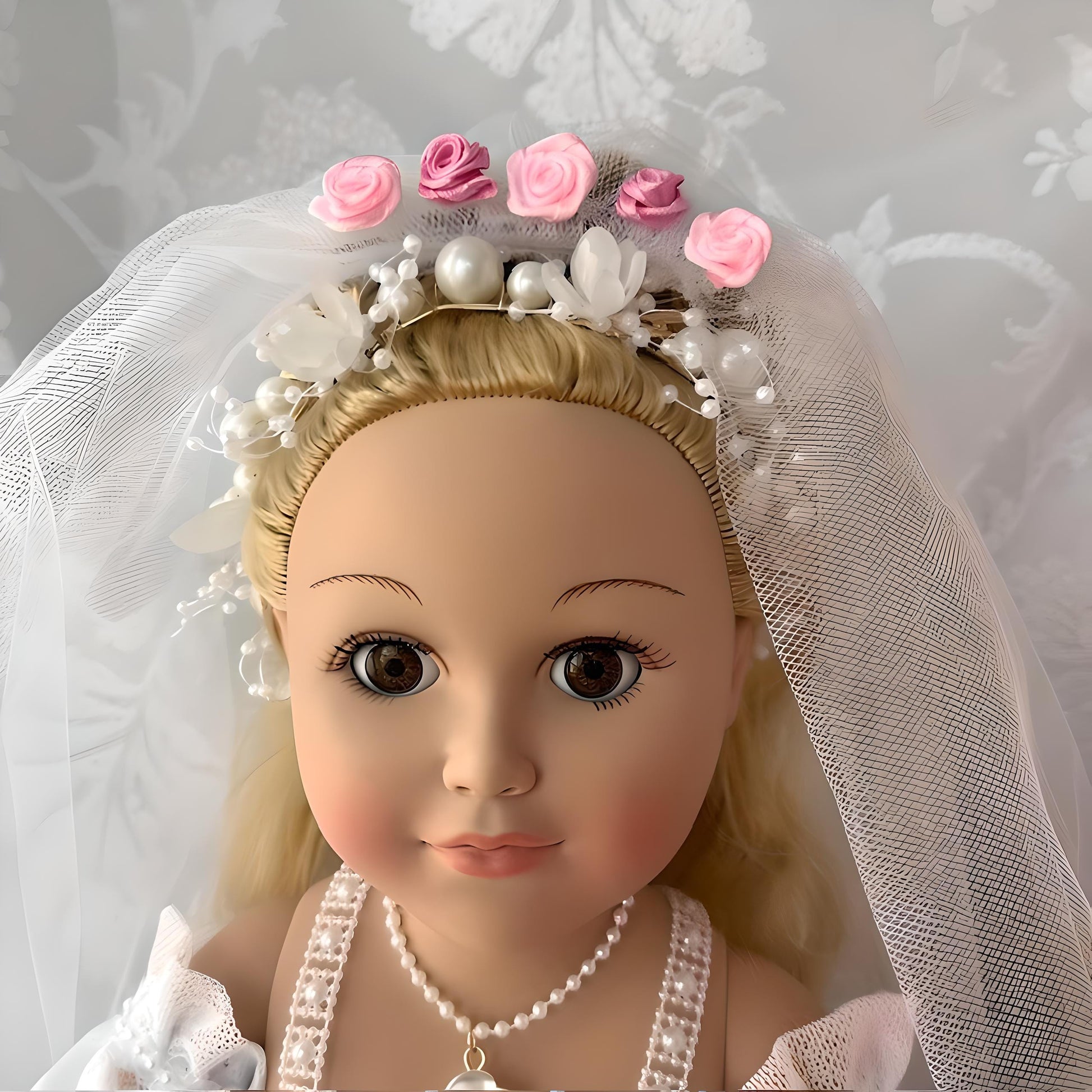 Bridal doll with white veil and pink flowers for elegant wedding decor | Gift-Emporium