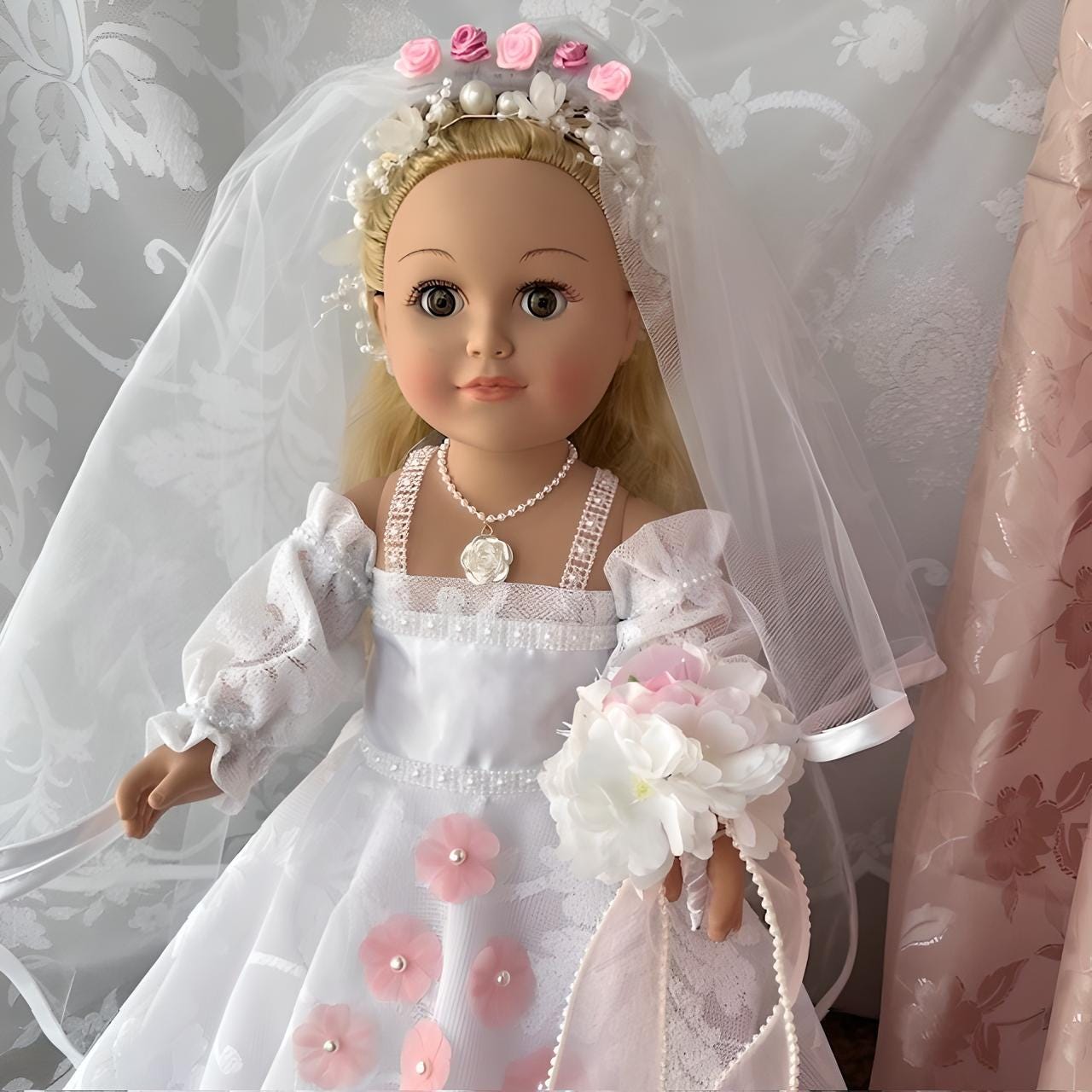 Pink flower adorned wedding doll in white veil for unique bridal decor | Gift-Emporium