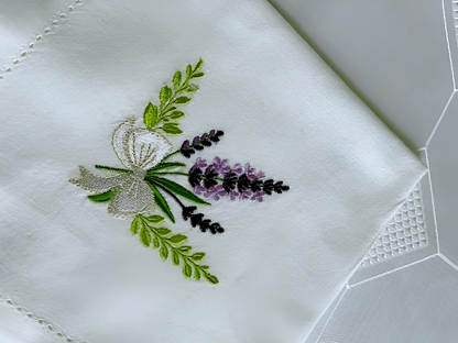 Lavender Embroidered Napkins, Handmade Linen Table Decor, Floral Farmhouse Dining Set